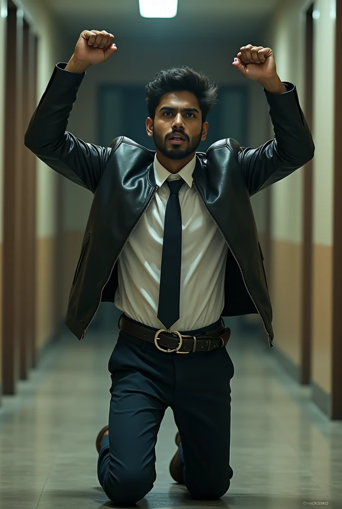 Side view of a 20 year old indian boys wearing white shirt, school tie, slimfit trousers , leather jacket and fasionable circular shape buckle belt is kneeling in the corridor with their hands raised straight high up above their heads and boys arms are in pain