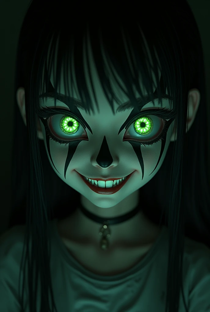 Black and white vintage close-up photo of a girl with glowing green eyes and clown makeup, by Artgerm, anime cgi style, creepypasta, about to devour you, mischievous smile, creepy pose, kabuki makeup, yume nikki, hyperreal render, [[grinning evily]], anigirl batman, lori earley, noire 8k HDR 3D 16k UHD RAW 