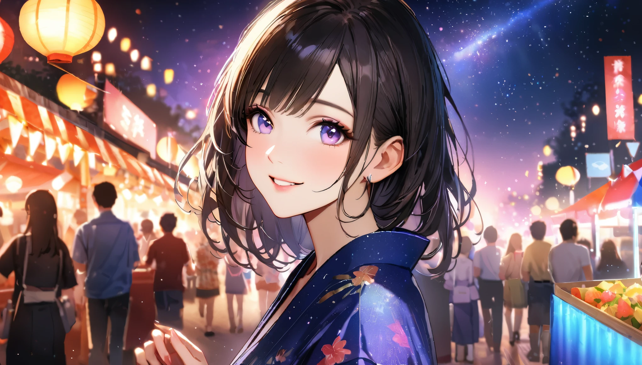 Summer festival,Date her,night, Starry Sky,yukata,Gazing at the sky,high school girl,smile,Glitter effect,Highest quality, 8k, High resolution, masterpiece:1.2, Very detailed, Realistic:1.37, High resolution, 超High resolution, Ultra-fine painting, Very detailed, Professional, Vibrant colors