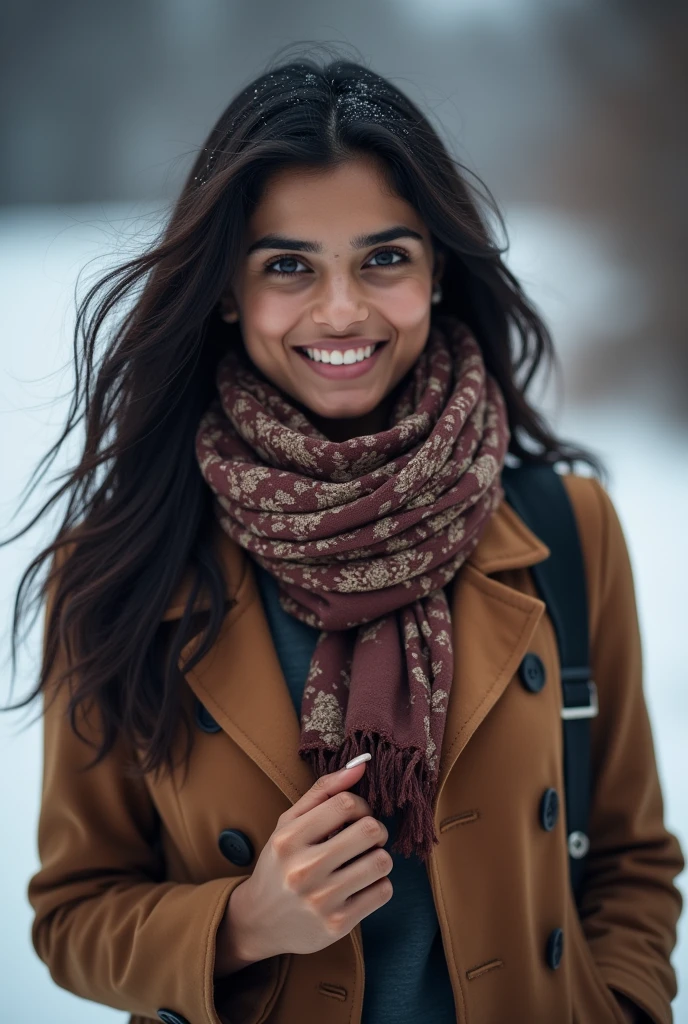 There is a young, Beautiful indian woman, who looks to the future like Katrina Kaif, Smiles into the camera, beautiful teeth, She looks into the camera, a portrait from raw photo, feet, hands, body, winter, coat, beauty scarf,