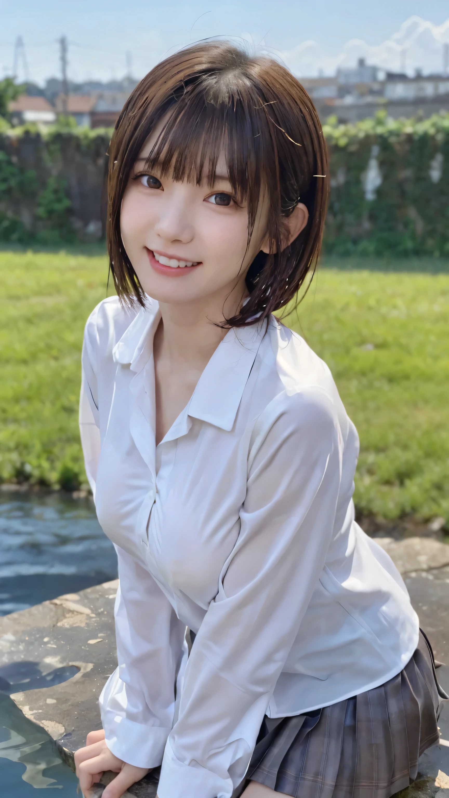 One beautiful girl, (beautiful girl, delicate:1.3), (:1.3), Wet shirt,
Transparent areola:1.3, BREAK, (Lush countryside background:1.2),
BREAK, Embarrassed Laugh, Very beautiful eyes, (Symmetrical eyes:1.3),
BREAK, (E cup breasts:1.3), School uniforms:1.3, Brown eyes, Parted bangs, Brown bob cut hair, Round face, cute,
BREAK, (Eye and facial details:1.0),
BREAK, (masterpiece, Highest quality, Very detailed, Detailed face, 8k)