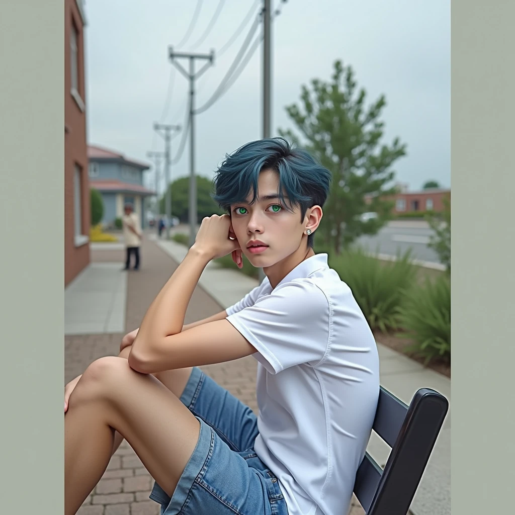 a handsome teenager, high, intelligent, bump with blue hair and emerald green eyes, White shirt