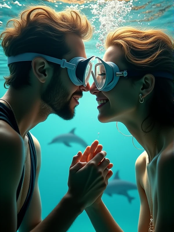 Close-up underwater shot: two divers, face-to-face, about to kiss. Hands gently touching. Bubbles rising between them. Hint of dolphins in background. Sunlight streaming through water, illuminating their faces. Masks pushed up. Eyes convey love and excitement. Captures intimate moment of romance beneath the waves.