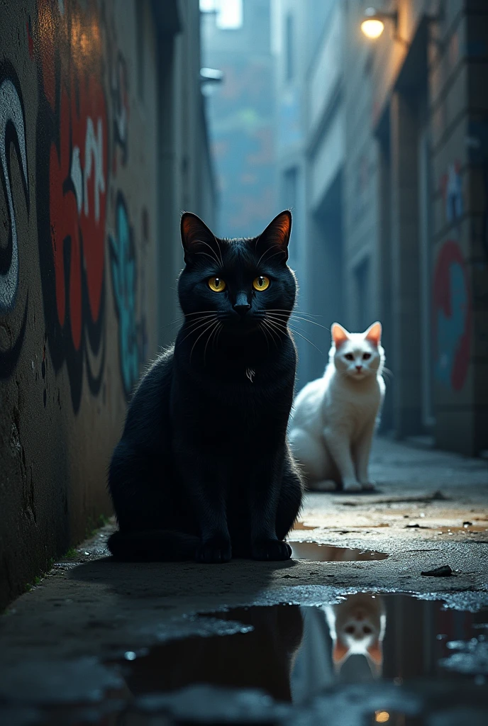 A photorealistic digital painting of a black cat under a spotlight in a dimly lit alley., with a white cat nearby. Dramatic lighting is reflected in the puddles., Highlighting expressive eyes against graffiti-covered walls, Captured in ultra-detailed HD resolution.grimdark