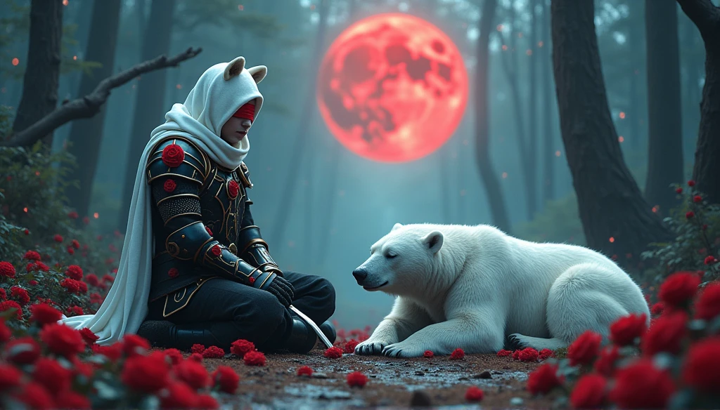 Male knight with a white hood with bear ears with sword behind his back sits on the ground towards a polar bear in a forest while the moon shines, many Roses cover the ground and lightning falls from the sky. The polar bear sleeps in front of the knight. Only the man wears a red blindfold. In the background of the picture is the blood moon and a tree has fallen down in the path. The forest is full of trees with leaves. The armor of the man is black and red roses decorate it. The knight holds his sword down. The sky is full of stars. 
