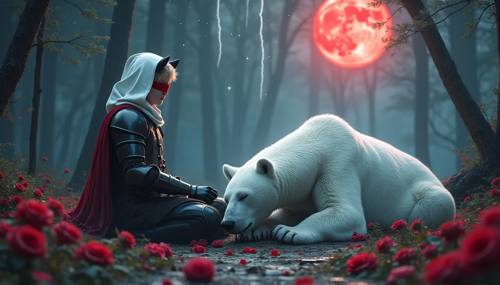 Male knight with a white hood with bear ears with sword behind his back sits on the ground towards a polar bear in a forest while the moon shines, many Roses cover the ground and lightning falls from the sky. The polar bear sleeps in front of the knight. Only the man wears a red blindfold. In the background of the picture is the blood moon and a tree has fallen down in the path. The forest is full of trees with leaves. The armor of the man is black and red roses decorate it. The knight holds his sword down. The sky is full of stars. 
