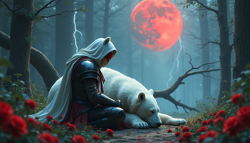 Male knight with a white hood with bear ears with sword behind his back sits on the ground towards a polar bear in a forest while the moon shines, many Roses cover the ground and lightning falls from the sky. The polar bear sleeps in front of the knight. Only the man wears a red blindfold. In the background of the picture is the blood moon and a tree has fallen down in the path. The forest is full of trees with leaves. The armor of the man is black and red roses decorate it. The knight holds his sword down. The sky is full of stars. 
