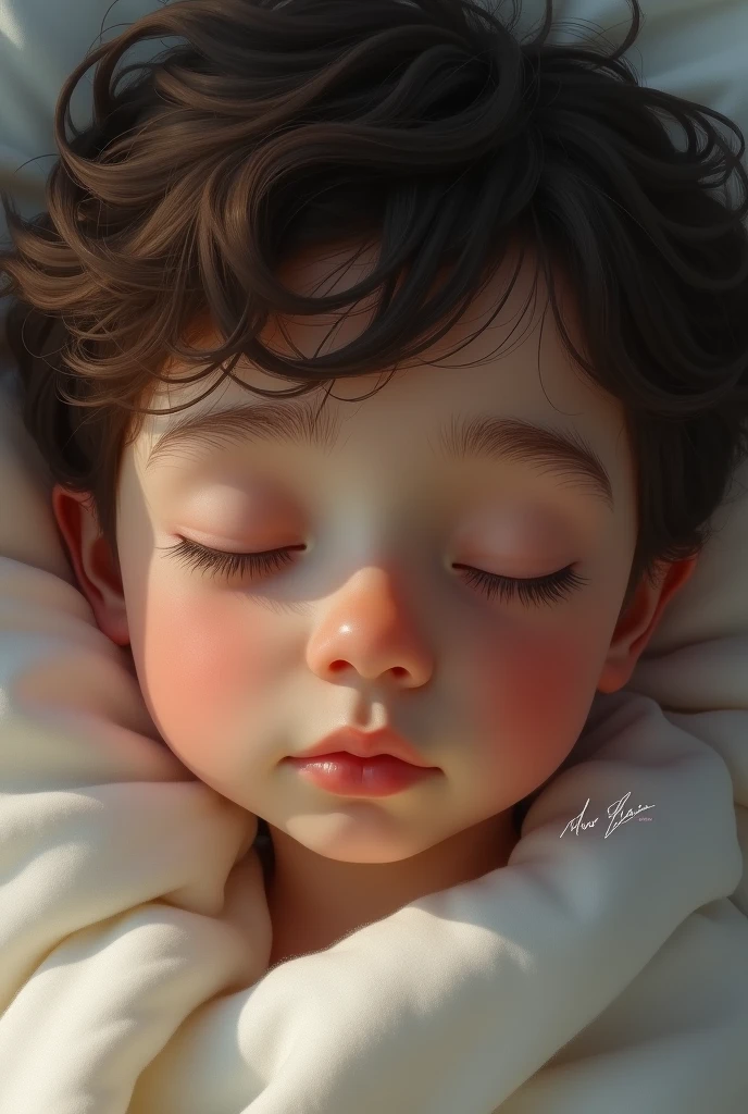 A boy sleeping. Beautiful eyelashes, straight nose, red but still tan cheeks, unorganized but organized eyebrows, slightly growing beard on upper lip
