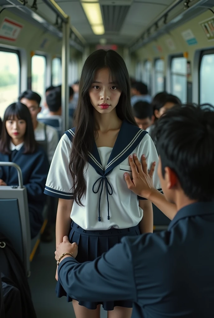 ((of the highest quality, 8k, RAW Photos, masterpiece :1.3)), (Realist、Realist:1.37)、Very detailed、ultra high resolution, (Professional lighting), ((from above:1.2)),((Full body photo)),big breasts、perfect face、Beautiful expression、White and navy blue sailor suit、beautiful face、pretty eyes、1 high school girl、beautiful girl、beautiful black hair、(not good、schoolgirl uniform、button down shirt:1.2、off the shoulder、Pleated mini skirt、pale pink lace panties）、(Inside a crowded train with sunlight coming in、A chubby middle-aged Japanese man hugs a high school girl from behind on a train)、((((A middle-aged man standing behind a woman.、the man reaches out his right hand and touches the woman&#39;upper part.：1.3、the man&#39;The left hand is touching the high school girl.&#39;his private parts with his fingers.：1.2、button down shirt：1.2))))、caress、fear expressions、blush、the man has a vulgar look、man squeezing the front of a woman's upper shirt,hugging girl from behind.Natural lighting, (direct light:0.4), 8mm film grain, photographed on a Sony a9 II, 24mm lens, f/2.8 aperture, Deep focus,