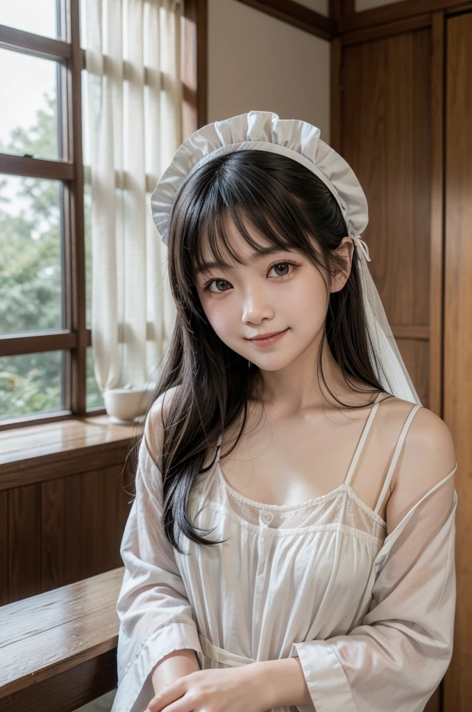 Best image quality, concentrated, Soft Light, Black Hair, (Japanese)), (((front, ))), (Depth of written boundary), Ultra-high resolution, (Genuine: 1.4), RAW Photos, ((Maid clothes)), ((smile)), Detailed Background、8 KUHD、Digital single-lens reflex camera、Soft Light、high quality、Film Grain、Fujifilm XT3 、浅いDepth of written boundary、natural Soft Light、