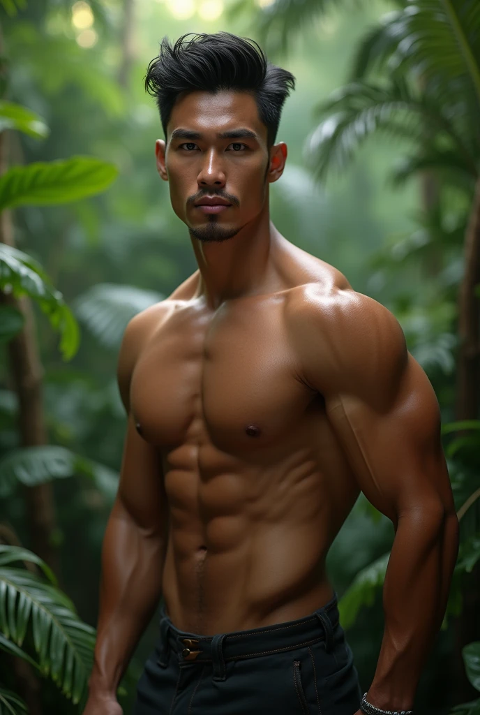 a hyperrealistic 30 year old chinito filipino man, muscular bodybuilder, handsome face, stylish wavy hairstyle, glistening shirtless muscular body, tropical jungle background, detailed facial features, beautiful eyes, sharp nose, luscious lips, intricate skin details, dramatic lighting, cinematic composition, photorealistic, 8k, high quality