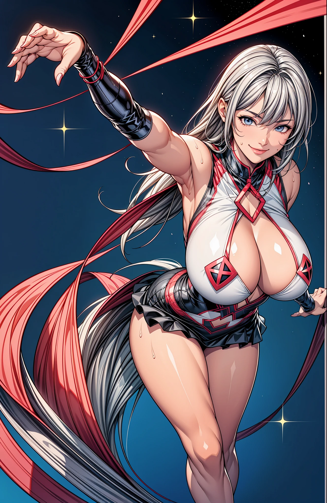 shining silver hair, smiling young girl, Digital Painting, super hero, muscle girl, korean idol face, pose, fist up, arm up, ((from above)), 1 ((knee up)), Behance Contest Winner, Afrofuturism, Synthwave, neon, glowing neon, tight ((((sagging massive breasts)))), mini skirt with frill, Fluttering cape, ribbon, micro wears, large areola, sweat, glossy silky skin, ((smile)), thick waist, cosmic sparkling in space, frying, in dynamic パースペクティブ、in detailed coloring finished, by mucha,
