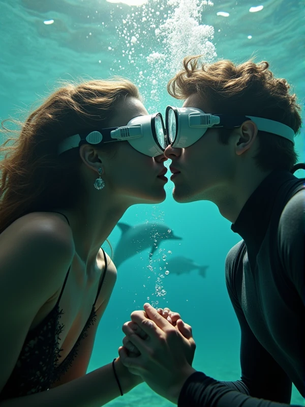 Close-up underwater shot: two divers, face-to-face, about to kiss. Hands gently touching. Bubbles rising between them. Hint of dolphins in background. Sunlight streaming through water, illuminating their faces. Masks pushed up. Eyes convey love and excitement. Captures intimate moment of romance beneath the waves.
