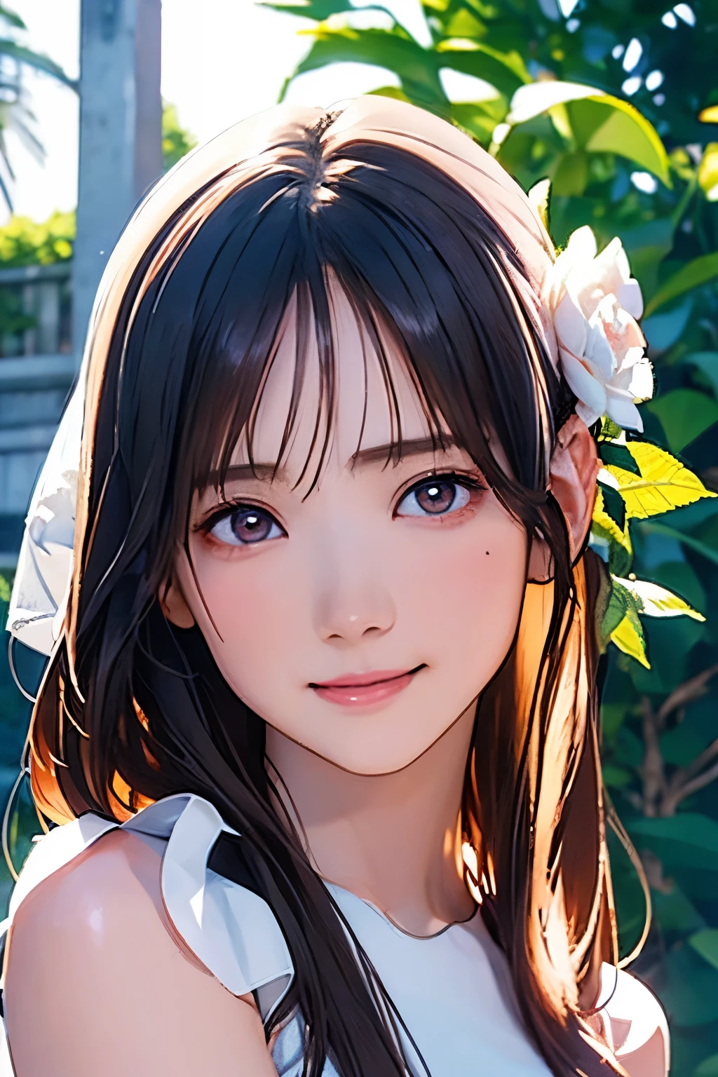 High resolution, 8k, Highest quality, detailed, Semi-realistic anime, Anime 3D Style, Smooth anime CG, One Girl, 20 year old Japanese woman, slim, Modeled, Shiny Hair, detailedな顔, Beautiful and detailed, Glowing Skin, Hard Focus、Film Grain, Soft lighting, Looking at the audience, Laughter,white、Ocean、Droopy eyes、Brown eyeballs on face、smile、Woman in prom dress、Long Hair Woman、detailedな顔、Clear Face、Mole、bouquet、(bride)