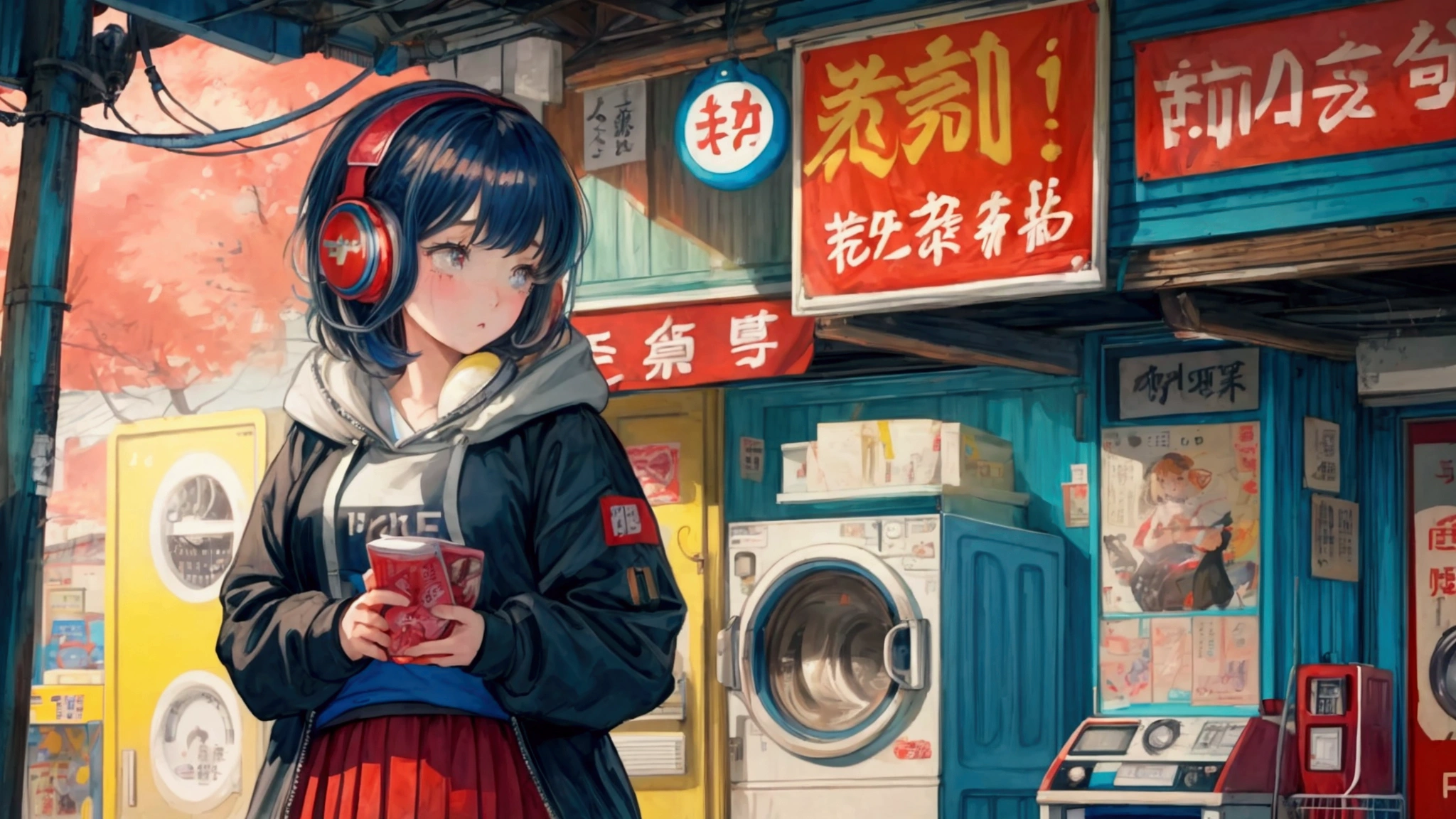 Highest quality, 4K wallpaper, masterpiece, Very detailed CG ユニティ 8k 壁紙, Very fine grain, Very detailed, Intricate details, One girl, Retro art style,Late-night laundromat、Girl listening to music in front of the washing machine、Pop Art Style, Tokyo Tower、Girl wearing a hoodie、Girl with headphones around her neck、Wearing a skirt、Shortcuts、Chill、Chill、Emotional、emotional