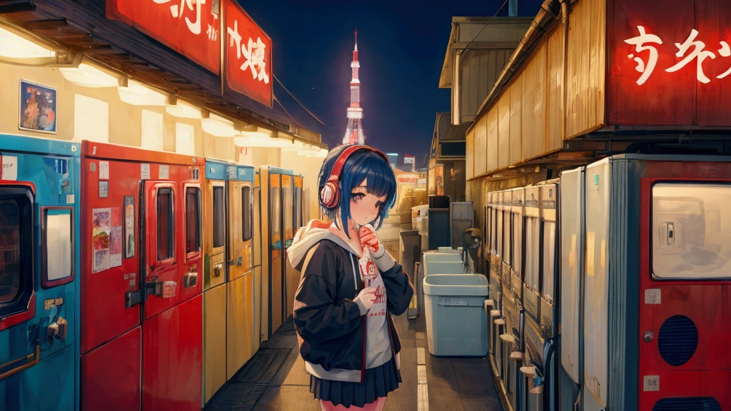 Highest quality, 4K wallpaper, masterpiece, Very detailed CG ユニティ 8k 壁紙, Very fine grain, Very detailed, Intricate details, One girl, Retro art style,Late-night laundromat、Girl listening to music in front of the washing machine、Pop Art Style, Tokyo Tower、Girl wearing a hoodie、Girl with headphones around her neck、Wearing a skirt、Shortcuts、Chill、Chill、Emotional、emotional