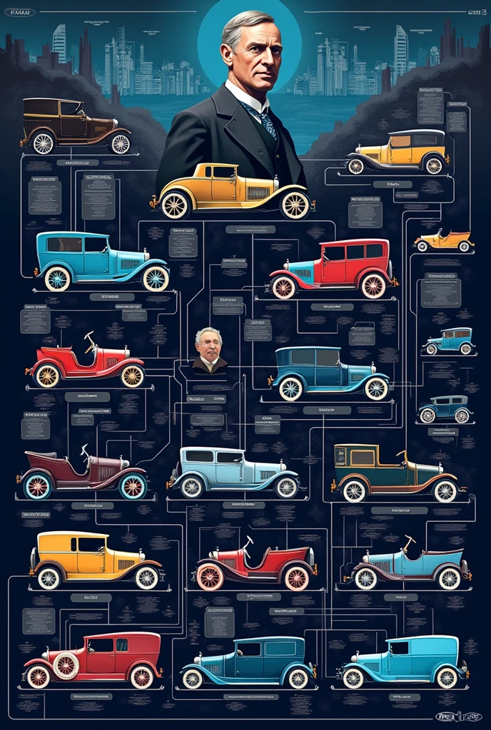 Deep learning model flowchat in colour of Mr. Fords ideas ans car models
