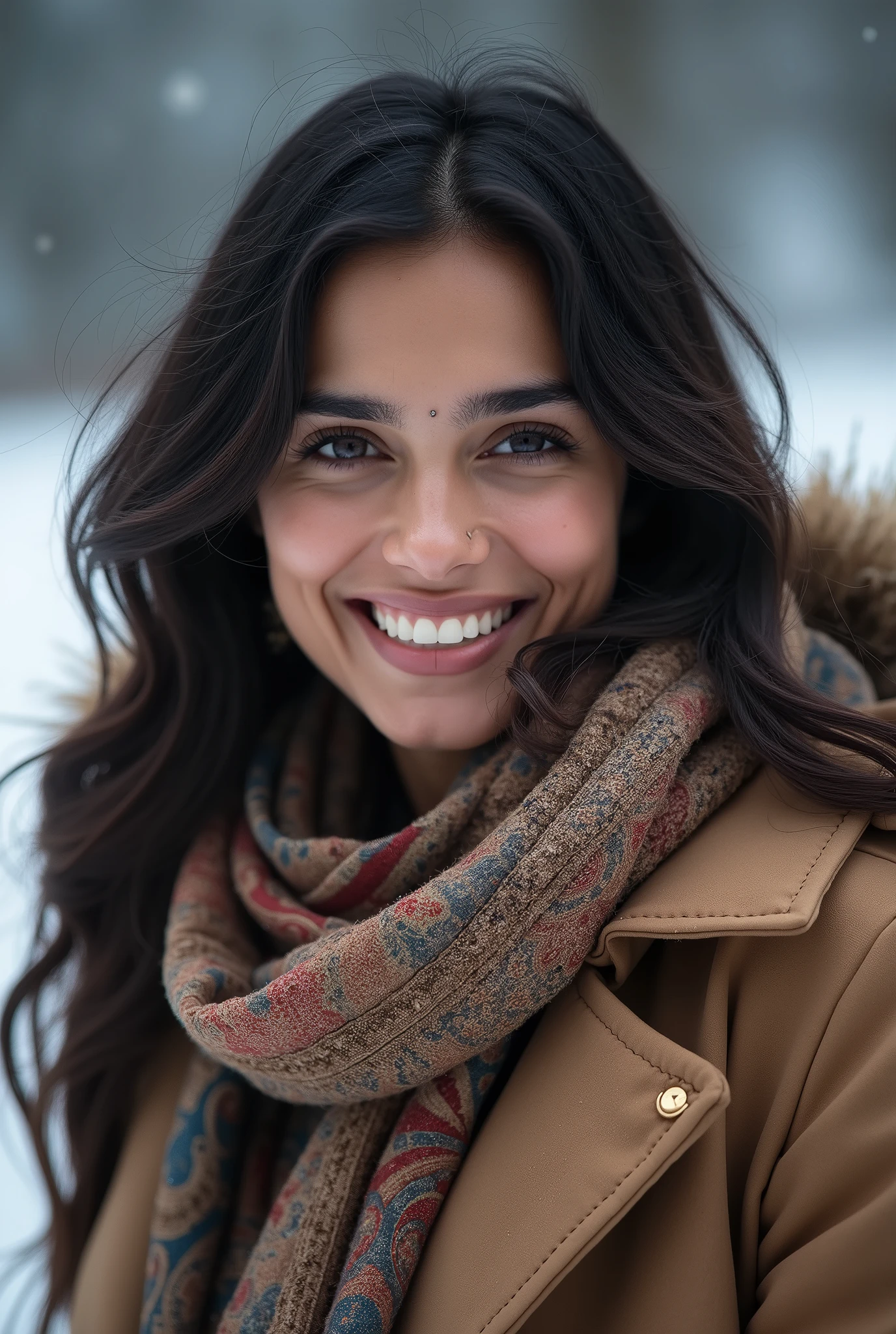 There is a young, Beautiful indian woman, who looks to the future like Katrina Kaif, Smiles into the camera, beautiful teeth, She looks into the camera, a portrait from raw photo, feet, hands, body, winter, coat, beauty scarf,
