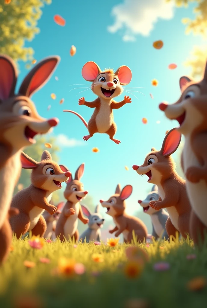 Need 3D animation style"
**Celebration**: The other animals cheered for mouse bravery and unique attempt at flying.