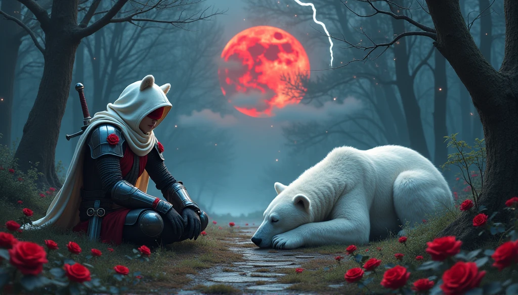 Male knight with a white hood with bear ears with sword behind his back sits on the ground towards a polar bear in a forest while the moon shines, many Roses cover the ground and lightning falls from the sky. The polar bear sleeps in front of the knight. Only the man wears a red blindfold. In the background of the picture is the blood moon and a tree has fallen down in the path. The forest is full of trees with leaves. The armor of the man is black and red roses decorate it. The knight holds his sword down. The sky is full of stars. 
