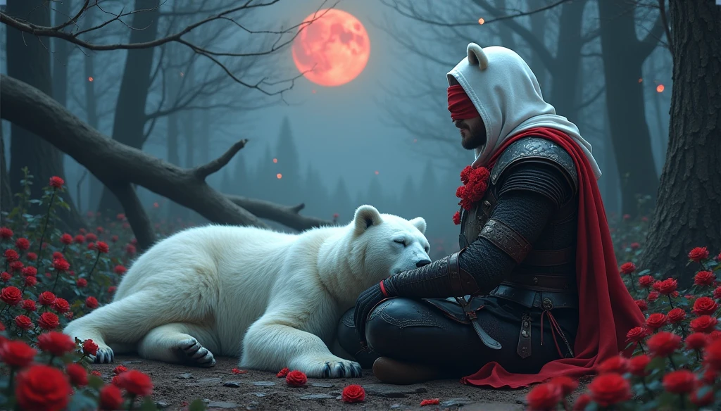 Male knight with a white hood with bear ears with sword behind his back sits on the ground towards a polar bear in a forest while the moon shines, many Roses cover the ground and lightning falls from the sky. The polar bear sleeps in front of the knight. Only the man wears a red blindfold. In the background of the picture is the blood moon and a tree has fallen down in the path. The forest is full of trees with leaves. The armor of the man is black and red roses decorate it. The knight holds his sword down. The sky is full of stars.