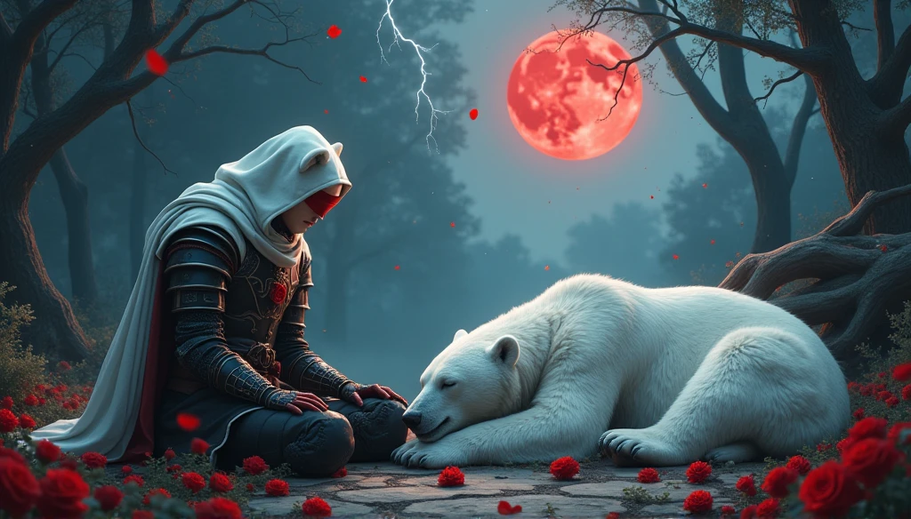 Male knight with a white hood with bear ears with sword behind his back sits on the ground towards a polar bear in a forest while the moon shines, many Roses cover the ground and lightning falls from the sky. The polar bear sleeps in front of the knight. Only the man wears a red blindfold. In the background of the picture is the blood moon and a tree has fallen down in the path. The forest is full of trees with leaves. The armor of the man is black and red roses decorate it. The knight holds his sword down. The sky is full of stars. 
