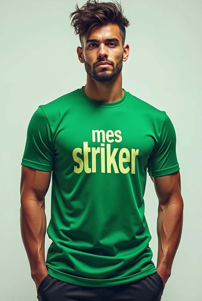 There is a picture of a shirt on which mes striker is written and is green colour