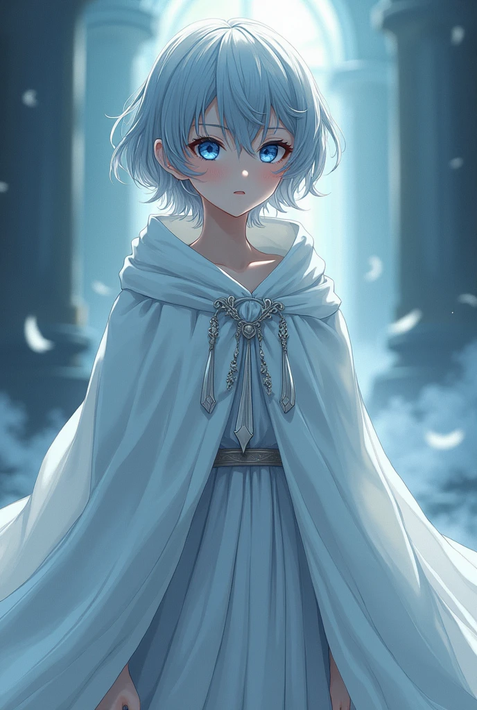a young person with grey hair and blue eyes, wearing a white cloak, anime style, detailed facial features, full body shot, (best quality,4k,8k,highres,masterpiece:1.2),ultra-detailed,(realistic,photorealistic,photo-realistic:1.37),hyper-realistic,vivid colors,dramatic lighting,intricate details,elegant,fantasy,digital