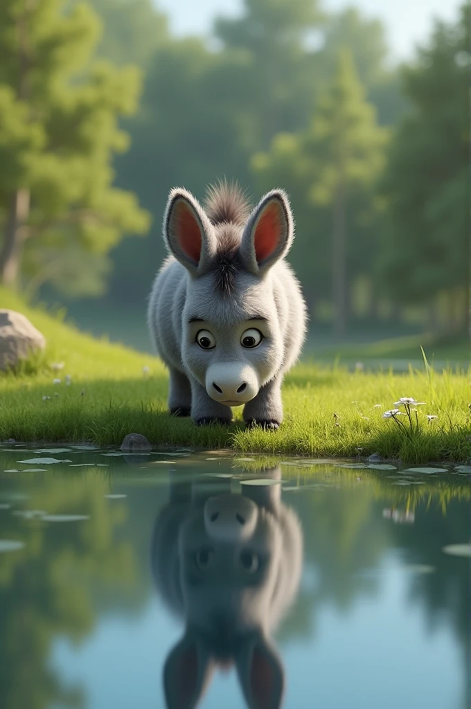 Little gray donkey looking at the water mirror in a lake Pixar 3D Disney style 