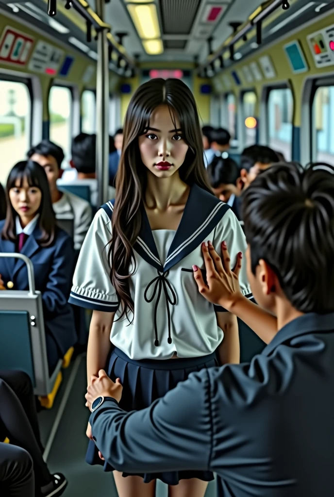 ((of the highest quality, 8k, RAW Photos, masterpiece :1.3)), (Realist、Realist:1.37)、Very detailed、ultra high resolution, (Professional lighting), ((from above:1.2)),((Full body photo)),big breasts、perfect face、Beautiful expression、White and navy blue sailor suit、beautiful face、pretty eyes、1 high school girl、beautiful girl、beautiful black hair、(not good、schoolgirl uniform、button down shirt:1.2、off the shoulder、Pleated mini skirt、pale pink lace panties)、(Inside a crowded train with sunlight coming in、A chubby middle-aged Japanese man hugs a high school girl from behind on a train)、((((A middle-aged man standing behind a woman.、the man reaches out his right hand and touches the woman'upper part.:1.3、the man'The left hand is touching the high school girl.'his private parts with his fingers.:1.2、button down shirt:1.2))))、caress、fear expressions、blush、the man has a vulgar look、man squeezing the front of a woman's upper shirt,hugging girl from behind.Natural lighting, (direct light:0.4), 8mm film grain, photographed on a Sony a9 II, 24mm lens, f/2.8 aperture, Deep focus,