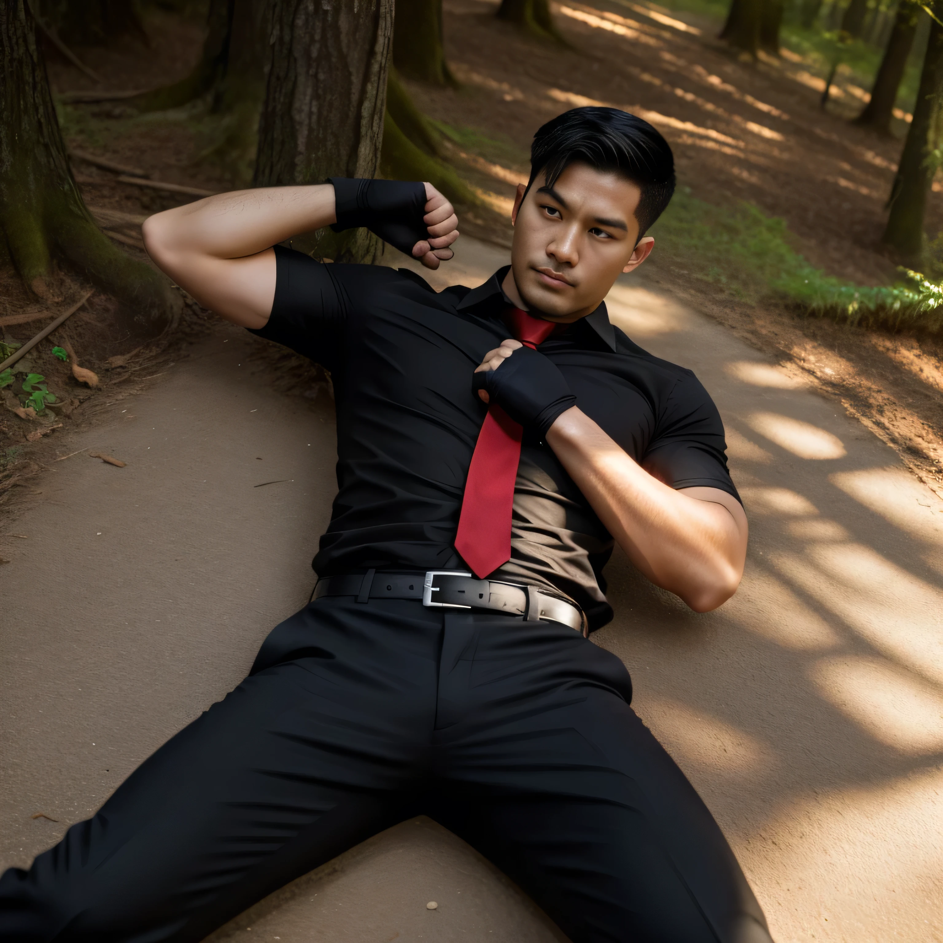 3,One Man,、Black Shirt、Red tie、Black gloves、Forest、Lying on your back on the ground、Get punched in the stomach logic, ,Black Hair、Very short hair、undercut、Handsome fighter Asian Face Stubble、The crotch area of your trousers is bulging Seen from below knock down