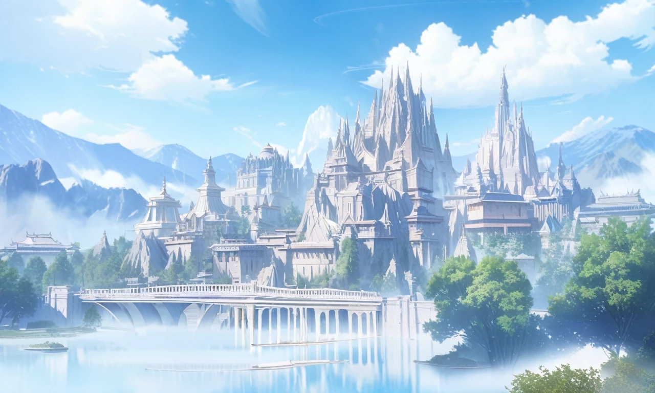 a beautiful group of royal students in a magnificent fantasy institute, high tall architecture surrounded by 5 detailed temples, with a scenic view of mountains, blue sky, clouds, and trees, the students wearing shining, glistening dresses, (best quality,4k,8k,highres,masterpiece:1.2),ultra-detailed,(realistic,photorealistic,photo-realistic:1.37),detailed fantasy architecture, beautiful shining scenery, dramatic lighting, intricate details, vibrant colors