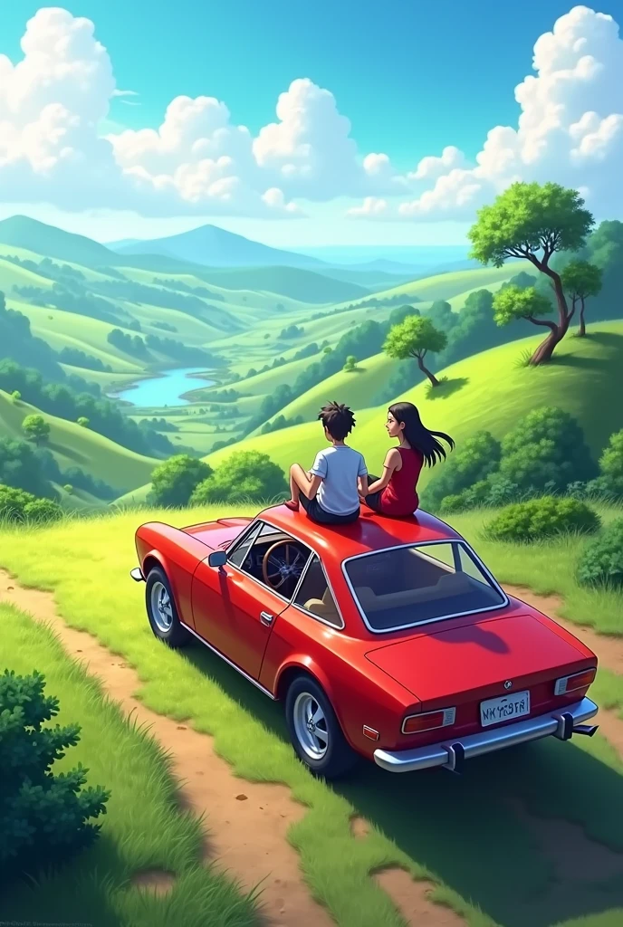 In big Red car two people set in roof
Place hill and rode