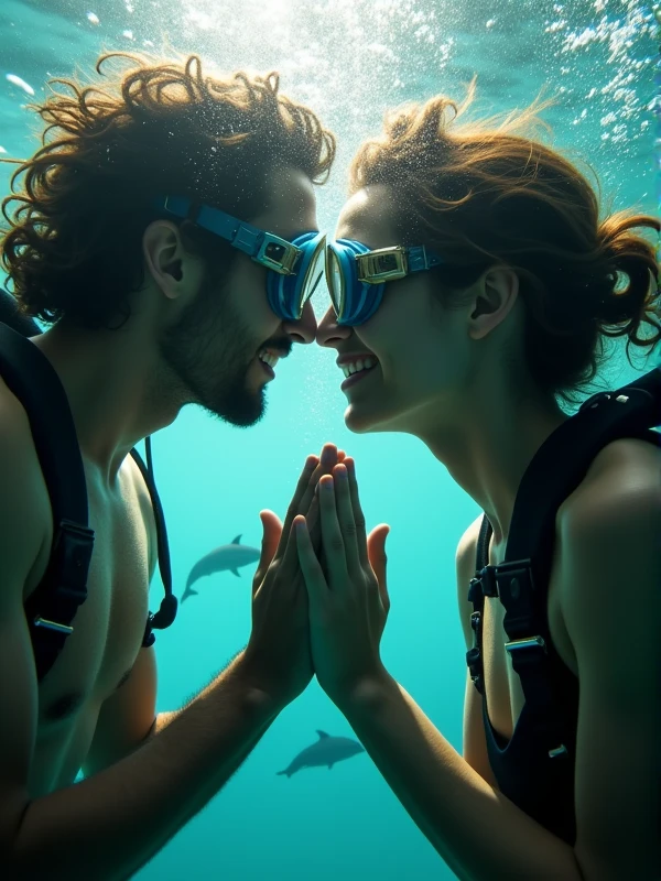 Close-up underwater shot: two divers, face-to-face, about to kiss. Hands gently touching. Bubbles rising between them. Hint of dolphins in background. Sunlight streaming through water, illuminating their faces. Masks pushed up. Eyes convey love and excitement. Captures intimate moment of romance beneath the waves.