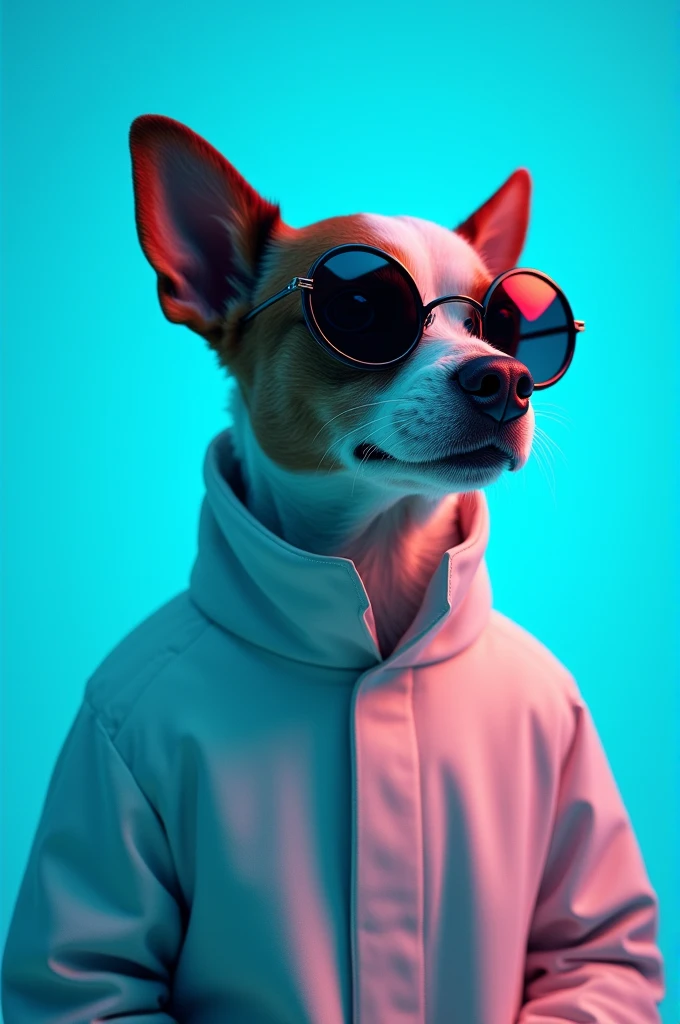 The best cell phone wallpaper, Award-Winning Wallpaper, portrait photography, In the front view is a portrait of a cute dog wearing mid-1960s space age fashion, Side view photo, Shot with Canon EOS R5, Set a strong contrast that accentuates the subject, Fluorescent blue tone, Wearing a very modern coat and sunglasses is a modern 1960s style, Clothes all in one color, beautiful background