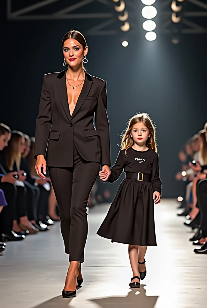Extremely detailed mother and her little daughter wearing Prada clothes walking in a real life fashion show