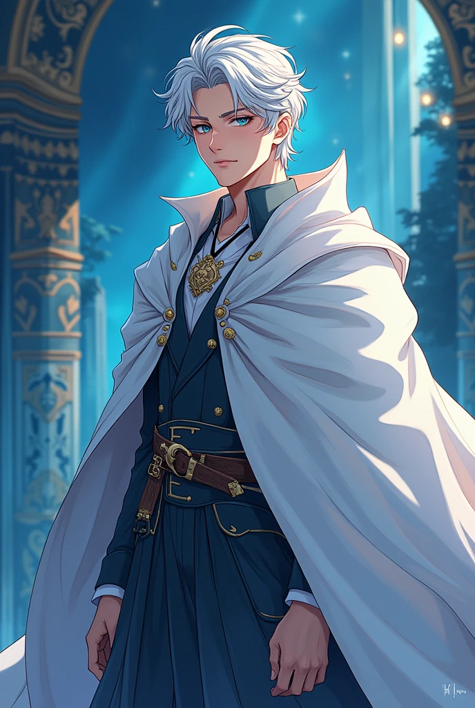 A man with gray hair and blue eyes，Wearing a white cape，Anime style，Detailed facial features，Full body shot，（Best quality，4K，8k，high resolution，masterpiece：1.2），Ultra Detail，（Realism，照片Realism，照片Realism：1.37），超Realism，Vibrant colors，Dramatic Lighting，Intricate details，grace，Fantasy，number