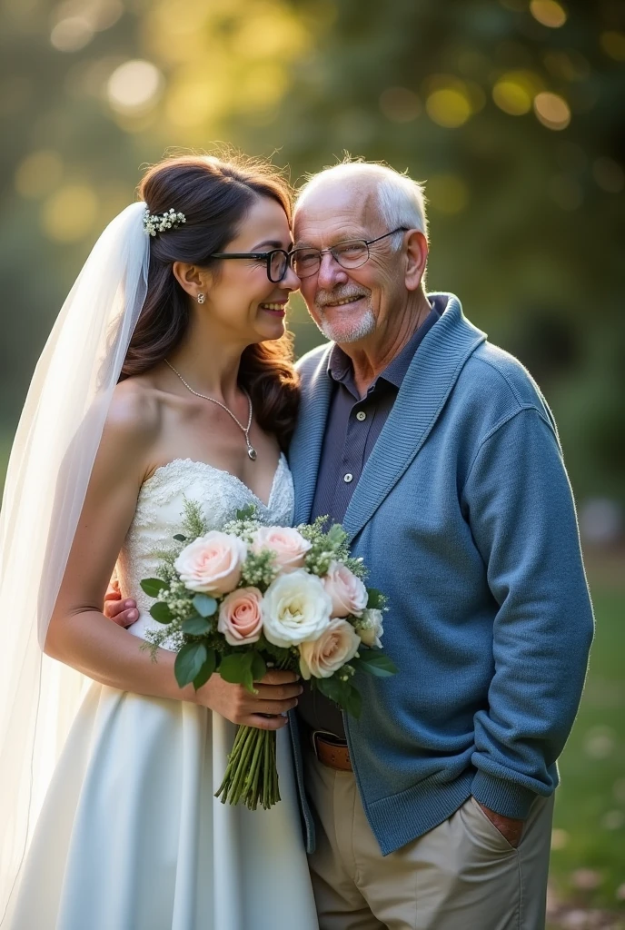 Create a heartwarming side-by-side comparison image that captures the essence of enduring love across decades. The left side should depict a black-and-white photograph from 1960, showing a young bride and groom on their wedding day. The bride is dressed in a traditional white wedding gown with a long veil, holding a large bouquet of flowers, while the groom is wearing a classic dark suit with a boutonnière. Both are smiling and standing close together.
On the right side, illustrate the same couple, now elderly, in a colored photograph from 2024. The elderly groom is wearing a cozy blue cardigan over a shirt, embracing his bride lovingly, who is dressed in her original wedding gown, now worn with a few age marks, and still with a veil. They both wear glasses, and their expressions are filled with warmth and deep affection, showcasing the beauty of a lifetime spent together. The background should be a soft, out-of-focus natural setting, like a park or garden, to add a serene and timeless atmosphere.