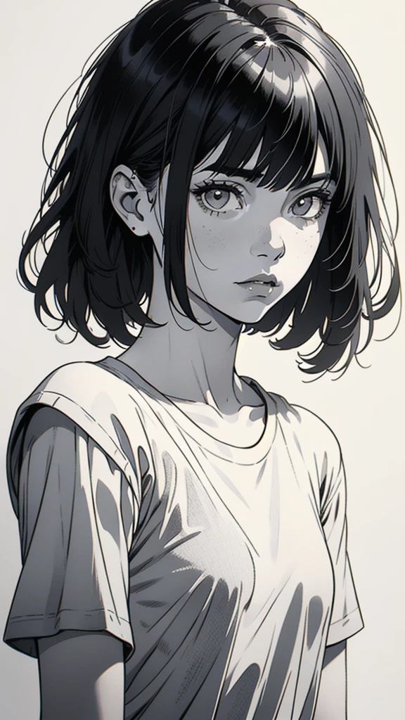 1 boyish girl, solo, sharp eyes, monochrome, greyscale, shoulder length black bangs hair, portrait, (blank white T-shirt), Thin eyebrows, closed mouth, looking at viewer, detailed lips, hatching \(texture\), without makeup, upper body, (best illustration), (best quality), (very detailed), (masterpiece), expressionless,