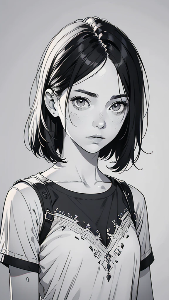 1 boyish girl, solo, sharp eyes, monochrome, greyscale, shoulder length black bangs hair, portrait, (blank white T-shirt), Thin eyebrows, closed mouth, looking at viewer, detailed lips, hatching \(texture\), without makeup, upper body, (best illustration), (best quality), (very detailed), (masterpiece), expressionless,
