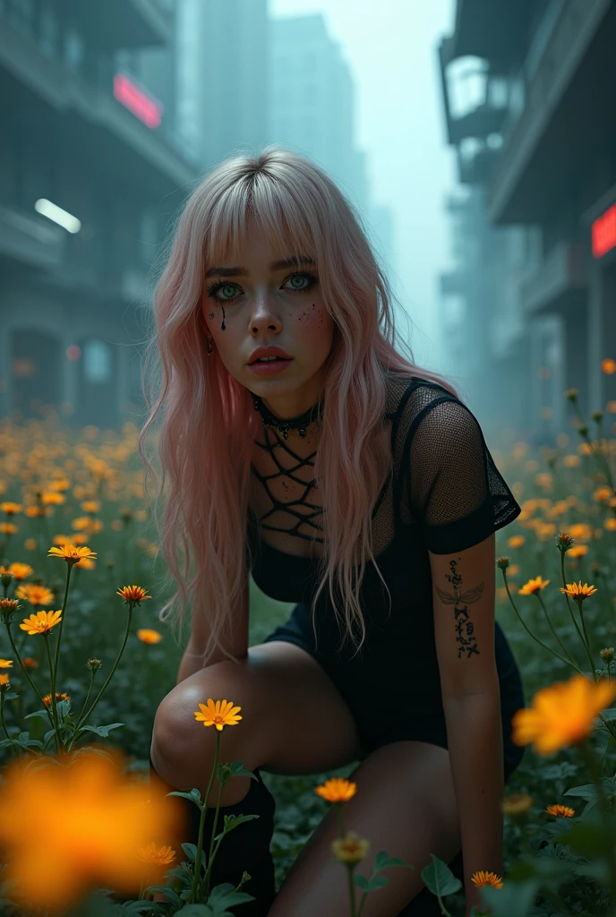 Lots of Fireflies,Looking up for escape,Searchlights above, fearful,Misty,hiding crouching,Illuminated glowing flowers,Illuminated flower garden,Lens flare,Closeup,webbed lattice outfit,tiny small arm tattoo ‘MMXLIX ‘,Dirty face,See though black t-shirt ,Brown_nipples,,dirty see through t-shirt ,Haliee steinfeld,dark sky,Gothic style,misty,futuristic city views,Neo futurism,large futuristic buildings,Black Lattice walls,Closeup,heavy black eye makeup,young Caucasian girl,looks like joi from bladerunner,black eye makeup running down face,bokeh, looks like joi from blade runner,looks like ana de armas,stylish long pink hair with blonde highlights,ultra HD,intricate details,3d render,hyper maximalist, lens flare,High-definition, Premium, Superior, Professional, Flawless, Exquisite, High-end, Photorealistic, Textured, Impressive, Hyperrealistic, High- resolution, Lifelike, Masterpiece, High dynamic range (HDR), PBR (Physically Based Rendering), Post-processing effects, Dynamic composition, Ray tracing, Ultra detailed, High quality, Sharp focus, Translucency, Naturalistic, Organic textures, Highly detailed, Details, Full HD, Depth of field, Realistic lighting