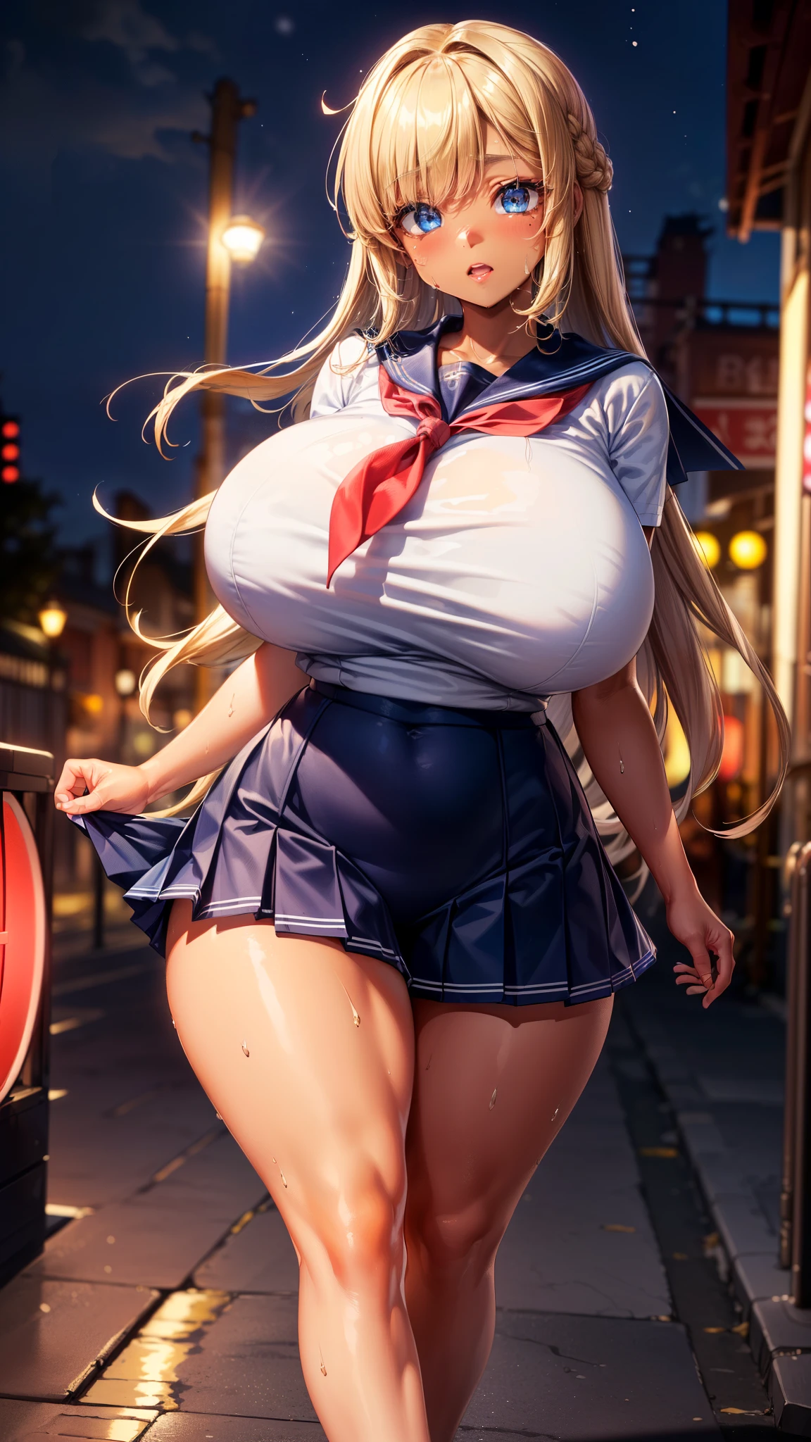 ((Highest quality, 8k, Red Light District, Highly detailed face and skin texture, Detailed eyes, double eyelid.) gigantic tits,Blonde, blue eyes, high school girl、(,Dark Skin、Sailor suit、Long legs:1.3) 、happy、Big Hips、Thick thighs,Sweaty、Navy Blue Skirt
