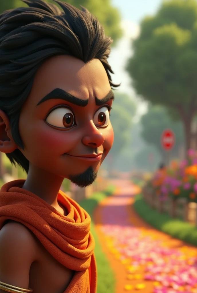 /imagine prompt: 3D animation, personality: (Sudama's face shows a mix of hesitation and determination, with furrowed brows and pursed lips. The path leading to Dwarka is visible in the background, lined with trees and flowers, symbolizing the journey ahead] unreal engine, hyper real --q 2 --v 5.2 --ar 16:9