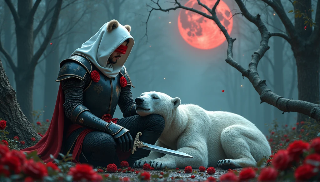 Male knight with a white hood with bear ears with sword behind his back sits on the ground towards a polar bear in a forest while the moon shines, many Roses cover the ground and lightning falls from the sky. The polar bear sleeps in front of the knight. Only the man wears a red blindfold. In the background of the picture is the blood moon and a tree has fallen down in the path. The forest is full of trees with leaves. The armor of the man is black and red roses decorate it. The knight holds his sword down. The sky is full of stars. 
