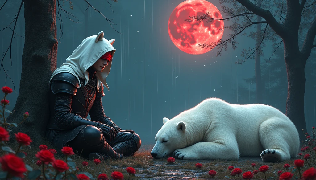 Male knight with a white hood with bear ears with sword behind his back sits on the ground towards a polar bear in a forest while the moon shines, many Roses cover the ground and lightning falls from the sky. The polar bear sleeps in front of the knight. Only the man wears a red blindfold. In the background of the picture is the blood moon and a tree has fallen down in the path. The forest is full of trees with leaves. The armor of the man is black and red roses decorate it. The knight holds his sword down. The sky is full of stars.