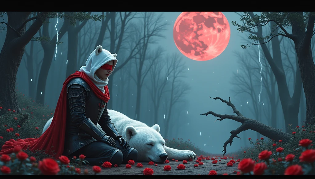 Male knight with a white hood with bear ears with sword behind his back sits on the ground towards a polar bear in a forest while the moon shines, many Roses cover the ground and lightning falls from the sky. The polar bear sleeps in front of the knight. Only the man wears a red blindfold. In the background of the picture is the blood moon and a tree has fallen down in the path. The forest is full of trees with leaves. The armor of the man is black and red roses decorate it. The knight holds his sword down. The sky is full of stars. 
