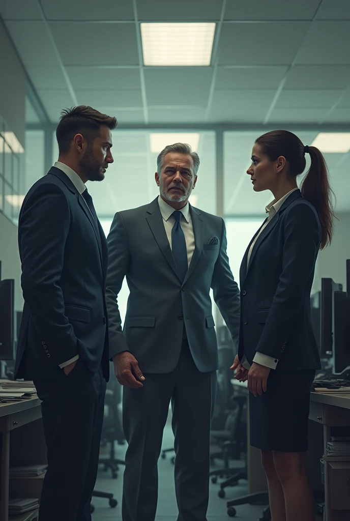 mercedes a {{middle-aged male salesman}}, in the office, accusing a {{male salesman}}} y un {{female salesman}}