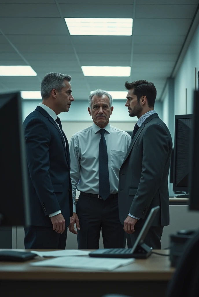 mercedes a {{middle-aged male salesman}}, in the office, accusing a {{male salesman}}} y un {{female salesman}}