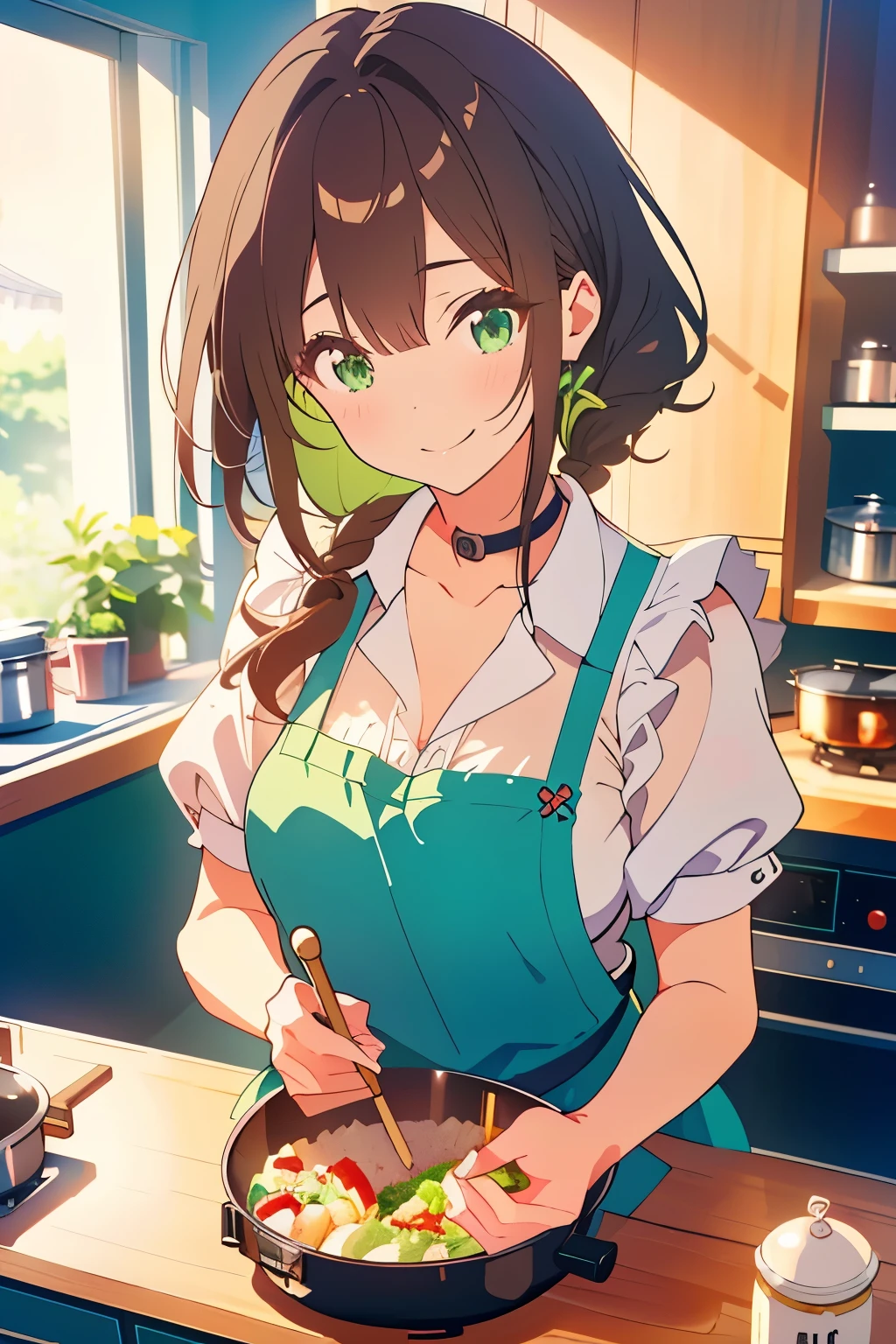 ((masterpiece, Highest quality, High resolution, 超High resolution, Pixel perfect, Written boundary depth, 4K, RTTX 10.0, High resolution))), 1 person, single, alone, Beautiful Anime, Beautiful art style, Anime characters, ((Shortcuts, bangs, Dark brown hair)), ((Green Eyes:1.4, Round eyes, Beautiful eyelashes, current eyes)), ((Smooth texture:0.75, Anime CG style)), ((Dynamic Angle, close)), Perfect body, (cute), Normal chest, whole body, ((4K, 8k, Highest quality, Perfect Fingers: 1.3, Perfect Anatomy: 1.3, Background Blur)), whole bodyアングル, Illustration of a girl wearing an apron, The characters are dressed in casual clothes with cute aprons.、She is pictured cooking in the kitchen., The apron has pockets and frills.、She is smiling happily, In the background is a homely kitchen.、A warm and relaxing scene