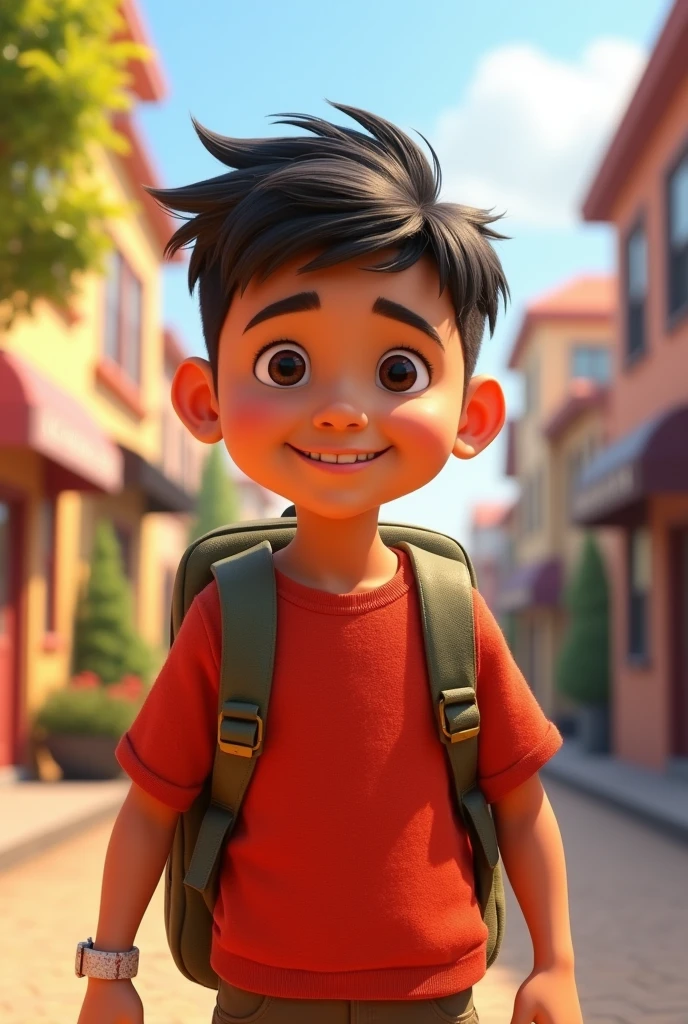 Pixar style 3D animation poster, A boy with yellowish brown skin, military haircut, dark brown, small eyes with a red shirt, smiling and happy with a backpack on his back going to school